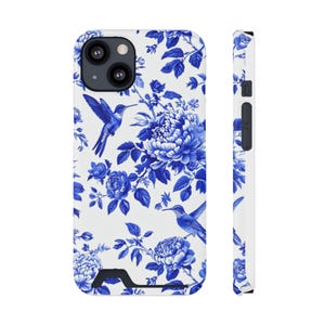 Elegante custodia floreale per telefono, elegante custodia porta carte, design blu e bianco, regalo perfetto per lei, accessorio chic per smartphone