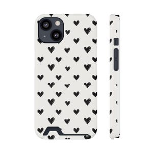 Telefoonhoesje met hartpatroon en kaarthouder, schattige telefoonhoes, zwarte harten, cadeau voor haar, Valentijnsdagaccessoire, stijlvol telefoonhoesje