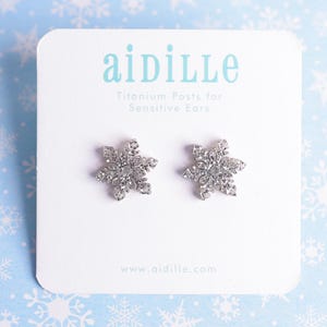 Silver Glitter Snowflake Earrings with Titanium Posts for Sensitive Ears