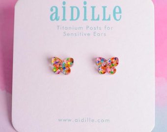 Confetti Acrylic Rainbow Butterfly Earrings with Titanium Posts for Sensitive Ears