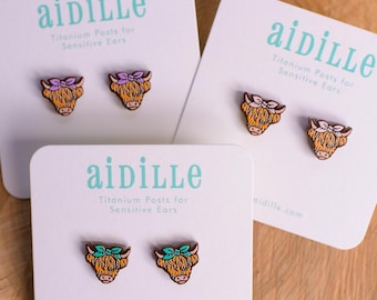 Acrylic Highland Cow Earrings with Titanium Posts for Sensitive Ears- Three Bow Colors