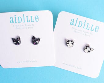 Mini Black or Skeleton Cat Earrings with Titanium Posts