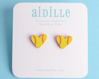 Softball Fan Heart Earrings with Titanium Posts for Sensitive Ears