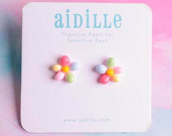 Colorful Rainbow Flower Earrings with Titanium Posts- Hypoallergenic for Sensitive Ears
