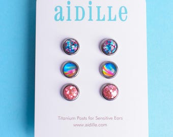 Little Resin Earring Multi Pack Trio  with Titanium Posts for Sensitive Ears