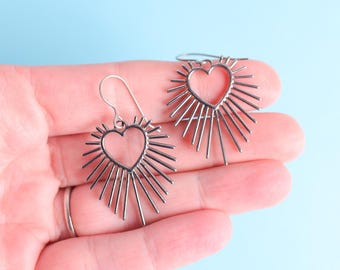 Silver Sunburst Heart Dangle Earrings with Titanium Ear Wires