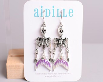Moveable Skeleton Mermaid Dangle Earrings: Titanium for Sensitive Ears