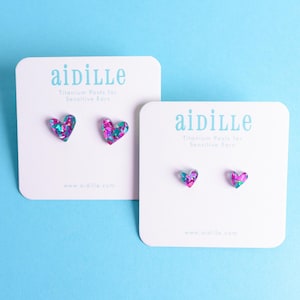 Blue and Pinkish Purple Confetti Acrylic Heart Earrings with Titanium Posts- Choose 8mm or 12mm