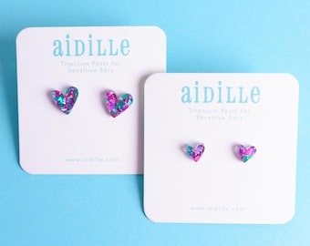 Blue and Pinkish Purple Confetti Acrylic Heart Earrings with Titanium Posts- Choose 8mm or 12mm