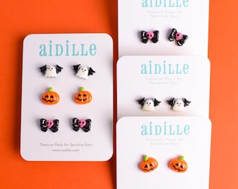 Halloween Novelty Earrings: Ghost Bat, Skeleton Bow, Pumpkin, Titanium Posts