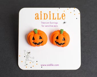 Chunky Jack O Lantern Pumpkin Earrings with Titanium Posts