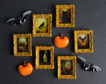 Spooky Gilded Frame Halloween Push Pins or Magnets with Portraits, Pumpkins, and Bats