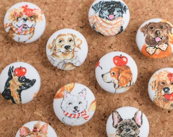 Handmade Fall Dog Push Pins: Fabric Button Thumb Tacks, Set of 10