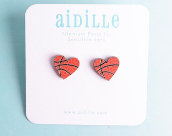 Basketball Fan Heart Earrings with Titanium Posts for Sensitive Ears