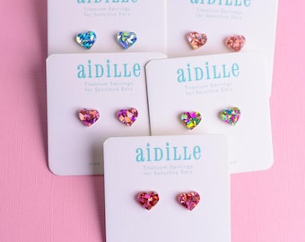 Glitter Acrylic Heart Earrings with Titanium Posts- Choose from 5 Colors