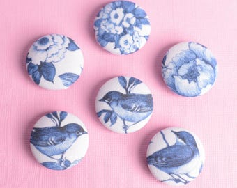 Chinoiserie Fabric Magnets: Blue & White Floral Refrigerator Decor, Set of 6