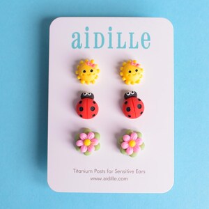 Resin Stud Earring Trio Set, Flower, Ladybug, Sun, Titanium Posts