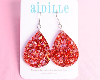 Pink and Red Glitter Teardrop Dangle Earrings with Titanium Ear Wires