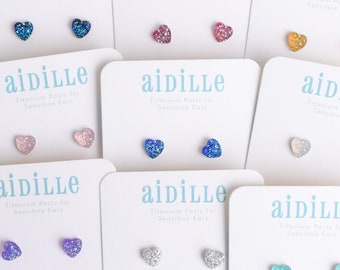 Mini Heart Glitter Earrings: Titanium Studs for Sensitive Ears