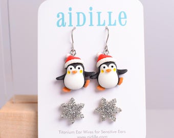 Santa Penguin Dangles and Glitter Snowflake Studs Winter Earring Multi Pack