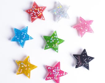 Rainbow Glitter Stars, Set of 7 or 8, Rainbow and Metallic Colors, Push Pins or Magnets