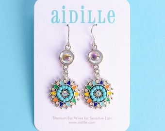 Moonstone Mosaic Dangle Earrings with Titanium Ear Wires