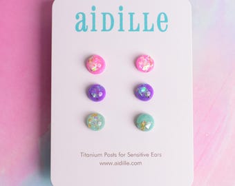 Mini Resin Circle Earring Set: Gold Leaf Titanium Studs (8mm)