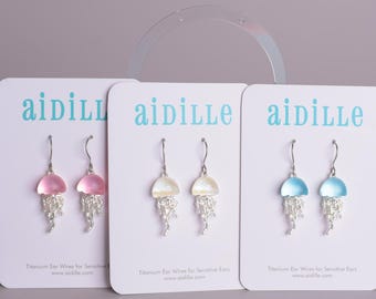 Jellyfish Dangle Earrings in Blue, Pink, or Clear Opal with Titanium Ear Wires