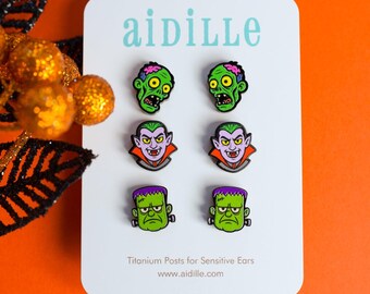 Halloween Character Acrylic Earring Trio with Titanium Posts- Zombie, Vampire, and Frankenstein