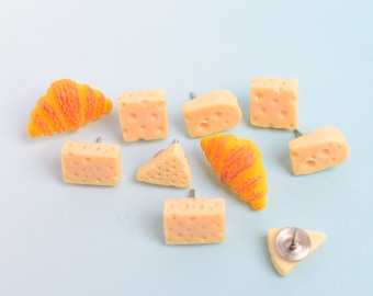 Cheese and Croissant Thumb Tacks, Kitchen Corkboard Push Pins, Set of 10