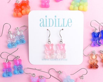 Ombre Glitter Gummy Bear Titanium Earrings, Choose Color, Hypoallergenic Dangle French Wires, Girls Novelty Candy Dangly Earrings