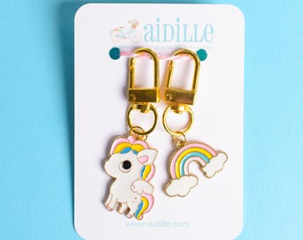 Enamel Unicorn and Rainbow Keychain Charm Set, Bag and Purse Clips