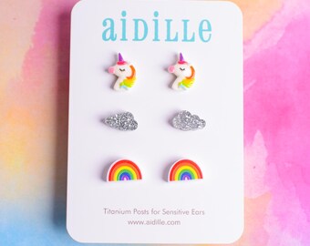 Rainbow Earring Set: Unicorn, Glitter Cloud, Titanium Posts