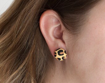 Cheetah Fabric Button Earrings,  Studs, Animal Print Earrings for Women and Girls, Tan and Brown Jungle