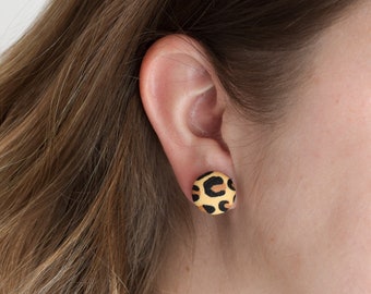 Cheetah Print Button Stud Earrings: Tan & Brown Jungle Fabric