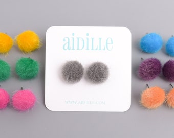 Pom Pom Earrings, Choose Your Color Furry Ball Titanium Studs or Brass Clip Ons, Fun Kids Dress Up Earrings, Mustard Gray Green Blue Pink