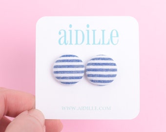 Blue White Striped Seersucker Fabric Button Earrings, Titanium  Studs or Brass Clip On, 5/8" or 3/4", Coastal Beach Earrings