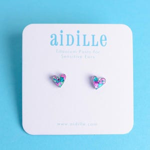 Mini 8mm Blue and Pinkish Purple Confetti Acrylic Heart Earrings with Titanium Posts