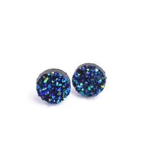 Faux Druzy Earrings, Resin Sparkly Titanium Studs, Peacock Deep Blue Glitter  Earrings, 12mm Size