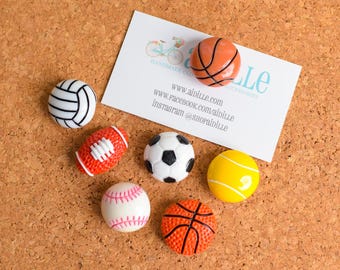 Assorted Unisex Sports Ball Push Pins- Set of 7 Thumb Tacks for Corkboards
