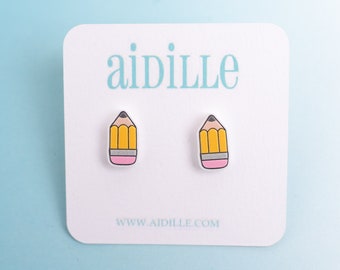 Acrylic Pencil Earrings, Back to School Teacher Appreciation Titanium Studs, Hypoallergenic for Sensitive Ears