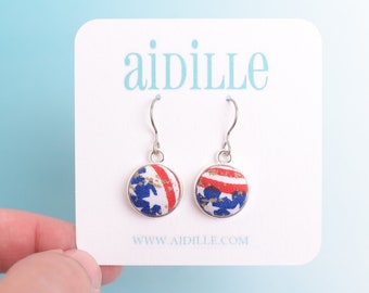Patriotic Earrings, Fabric Button Dangly Titanium French Wire Earrings, American Flag Handmade Dangly Earrings, Red White Blue Stars