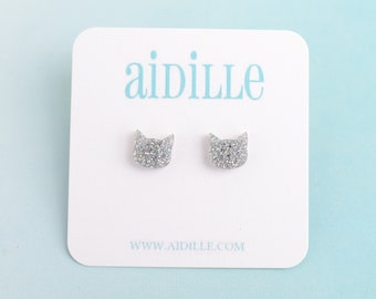 Silver Glitter Cat Earrings, Titanium Kitty Acrylic Studs, Hypoallergenic Posts for Sensitive Ears