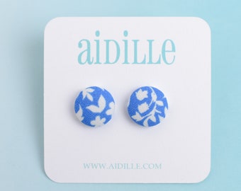 Delft Blue Fabric Button Earrings, Titanium Studs or Brass Clips Ons, White and Blue Floral Button Spring Earrings