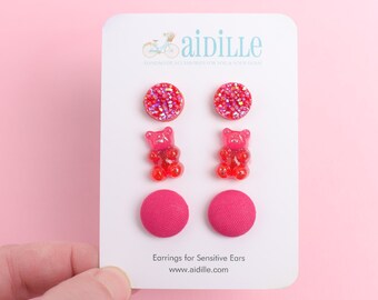 Hot Pink Earring Trio: Resin Gummy Bear, Fabric Button, Glitter Studs - Titanium Posts