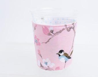 Pink Bird Coffee Cozy / Reversible Insulated Coffee Sleeve / Floral Iced Coffee Fabric Cozy / Fits Select Cups / Ready to Ship