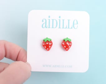 Red Strawberry Earrings: Titanium Studs, Kawaii Resin Fruit