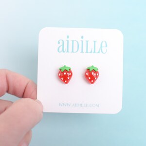Red Strawberry Earrings: Titanium Studs, Kawaii Resin Fruit