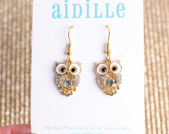 Owl Sparkly Dangle Earrings with 18K Gold Plated Ear Wires