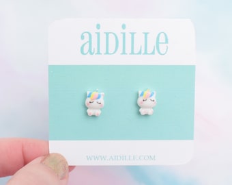 White Unicorn Earrings, Cute Little Resin Rainbow Horse Studs,  Titanium Post for Girls Kids Sensitive Ears